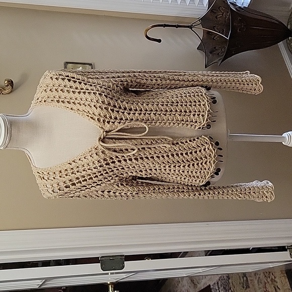 MiFresia beige open weave crocheted cardigan Queen Elizabeth coin trim Med EUC … - Picture 1 of 10